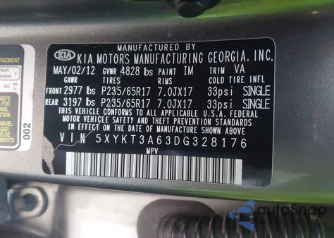 2013 Kia Sorento Lx from USA, damaged, VIN 5XYKT3A63DG328176